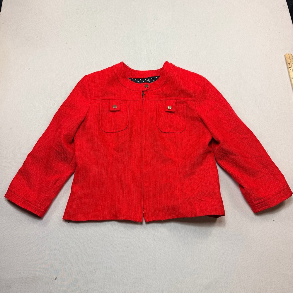 Anthracite Jacket Women Large Red Excellent Textured Zip Front Collarless Pocket